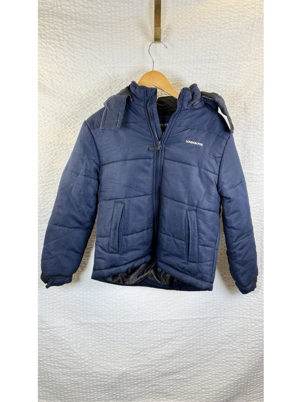 London Fog Boys’ Hooded Jacket with Shoulder Trim & Matching Beanie Navy M 10/12